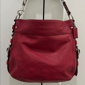 Coach Zoe Hobo Red Leather Shoulder Bag with Silver Accents